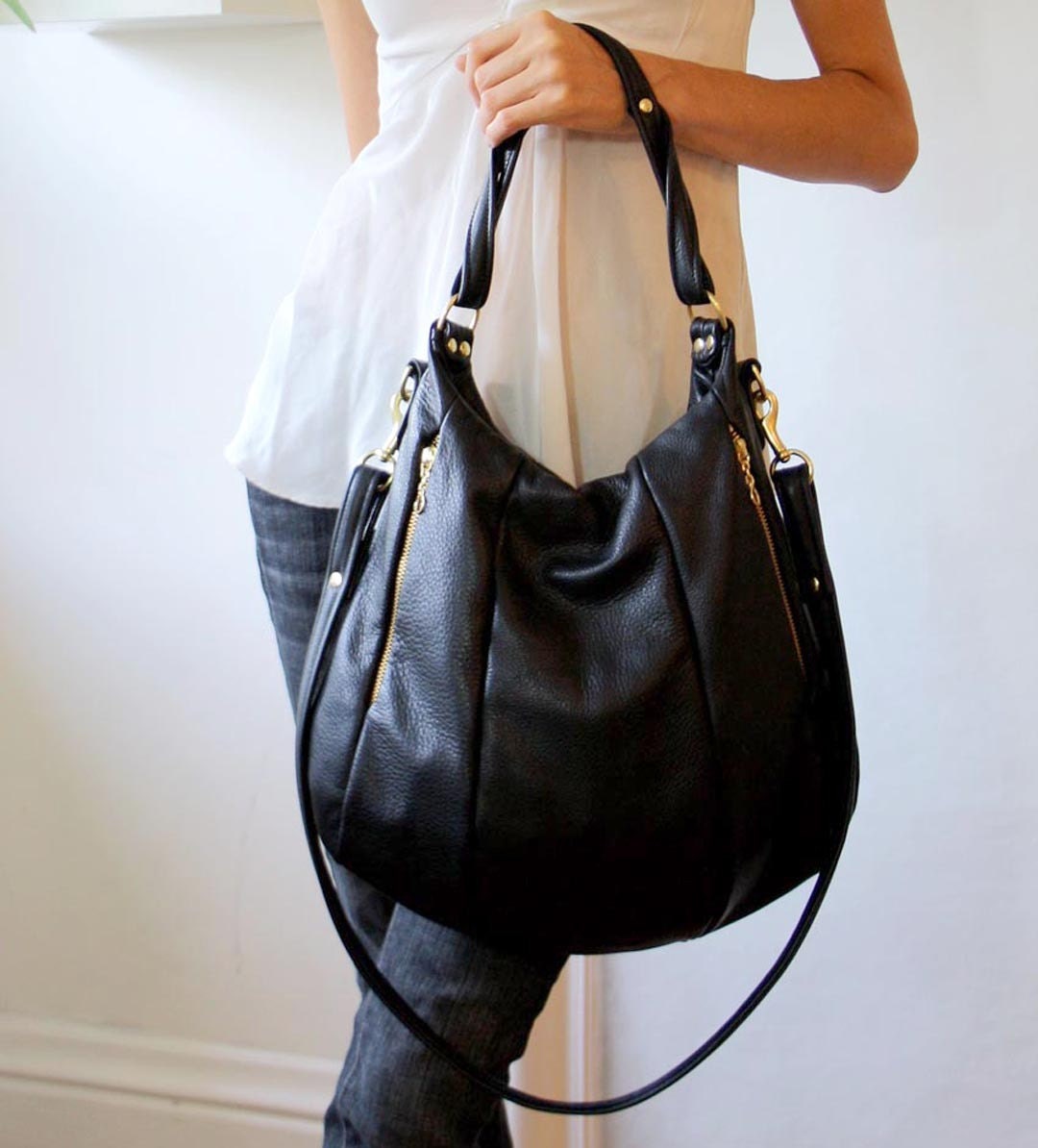 OPELLE Lotus Bag Soft Black Pebbled Leather With Zip Pockets -   Australia