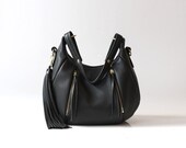 Black Leather bag purse - OPELLE Baby Ballet Bag - Soft Pebbled Leather w Zipper Pockets