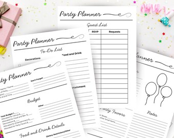 May include: Four printable party planner pages with black text on white paper. The pages include sections for guest list, to-do list, budget, food and drink details, party favors, and notes. The pages are decorated with simple black swirls.