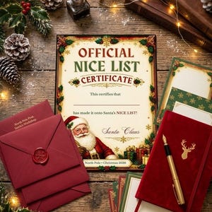 May include: An Official Nice List Certificate featuring an illustration of Santa Claus, text reading North Pole Christmas 2026, a red envelope with a wax seal, a red velvet notebook with a gold deer emblem, and a gold fountain pen.