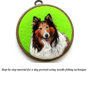 Puede incluir: Retrato de perro detallado en fieltro con aguja en un bastidor de bordado redondo de madera. El perro tiene pelo marrón, negro y blanco, sobre un fondo verde brillante. El texto de abajo dice: Tutorial paso a paso para un retrato de perro usando la técnica de fieltro con aguja.