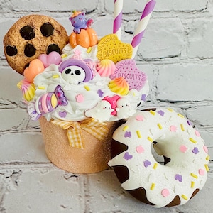 Faux Halloween Treat Cupcake Ice Cream Cup with Donut | Fake Candy & Cookie Display | Spooky Cute Kitchen Tiered Tray Decor | Party Gift