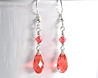 Pink Coral Austrian Crystal Briolette Earrings