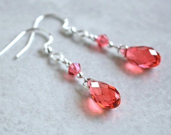 Pink Coral Austrian Crystal Briolette Earrings