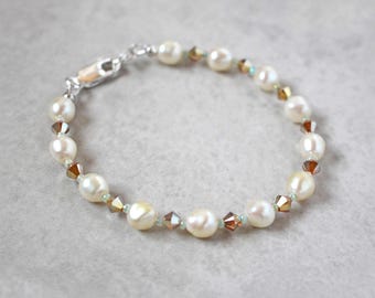 White Pearl & Bronze Bracelet