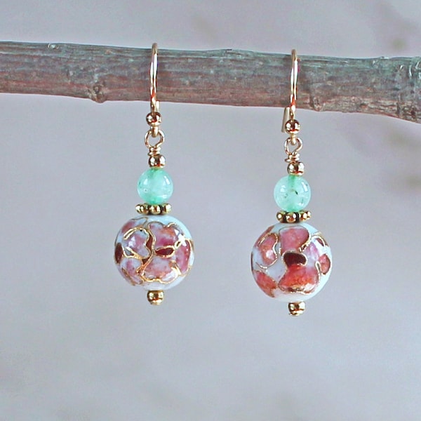 White Cloisonne with Pink Flowers Earrings