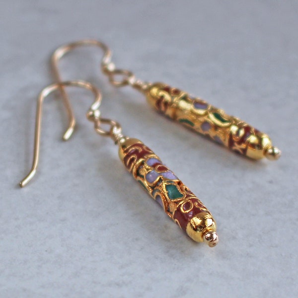 Brick Red Cloisonne & Gold Earrings