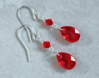 Pendientes de lágrima de cristal austriaco de color rojo brillante - Pendientes de cristal de piedra natal de julio