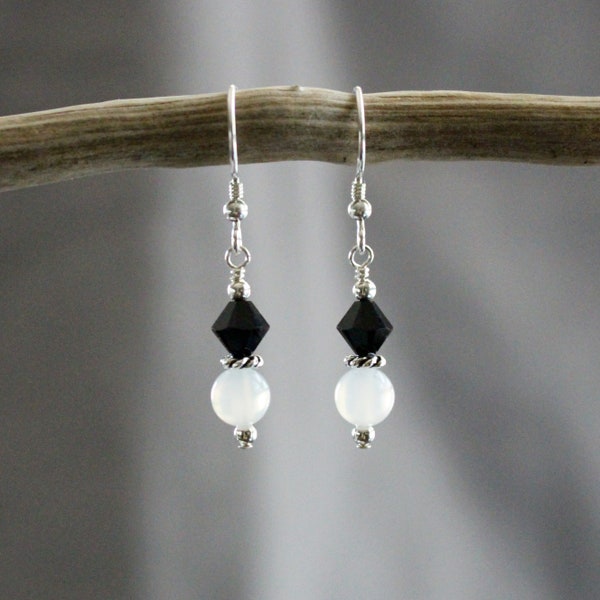 Black Austrian Crystal & White Agate Earrings