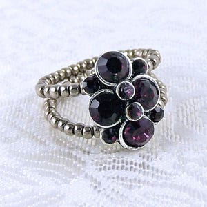Dark Amethyst Purple Crystal Flower on Antique Silver Seed Bead Ring