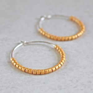 Gold Seed Bead & Sterling Silver Hoop Earrings