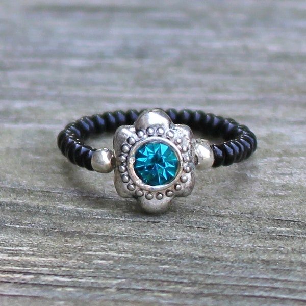 Turquoise Crystal & on Black Seed Bead Stretch Ring for Finger or Toe