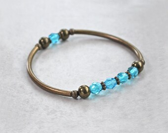 Turquoise Crystal & Antique Brass Stretch Bracelet