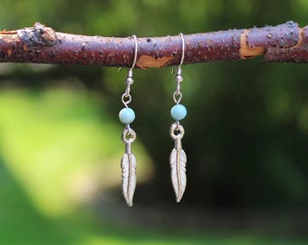 Silver Feather & Turquoise Earrings