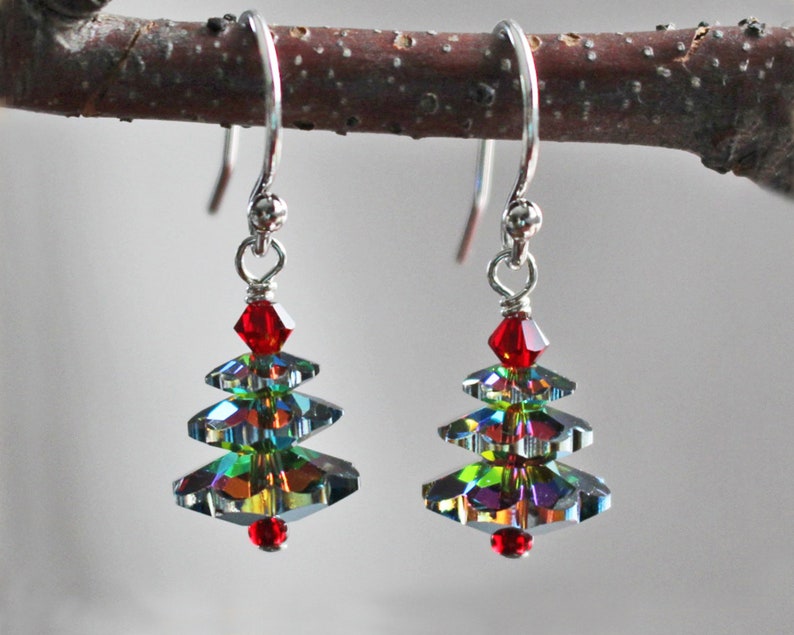 Green Crystal Christmas Tree Earrings - Choose from 3 Sizes 