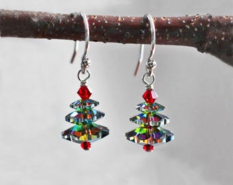 Green Austrian Crystal Christmas Tree Earrings - Choose from 3 Sizes