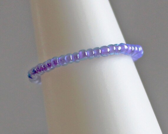 Purple Crystal Statement Stretch Ring Green and Purple Adjustable Ring Purple and Green Seed Bead Stretch Ring