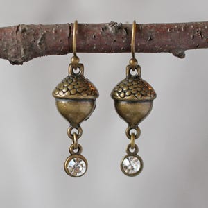 Antique Brass Acorns with Crystal Drops Earrings
