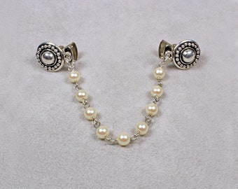 Cream Pearl Chain on Silver Sweater Clip