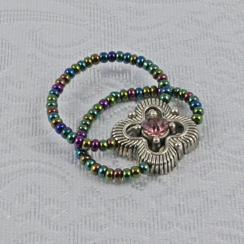 Purple Crystal Statement Stretch Ring Green and Purple Adjustable Ring Purple and Green Seed Bead Stretch Ring