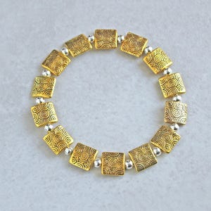 Gold Plated Pewter Squares & Silver Stretch Bracelet