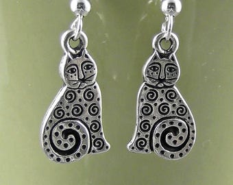 Whimsical Silver Cat Earrings