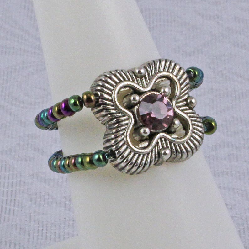 Purple Crystal Statement Stretch Ring Green and Purple Adjustable Ring Purple and Green Seed Bead Stretch Ring