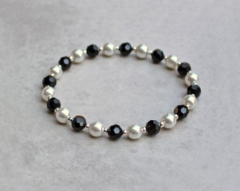 Black Crystal & White Glass Pearl Stretch Bracelet or Anklet