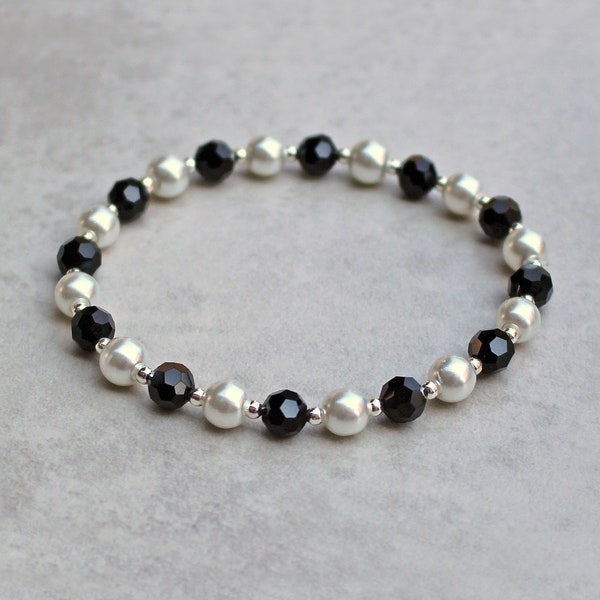 Black Crystal & White Glass Pearl Stretch Bracelet or Anklet