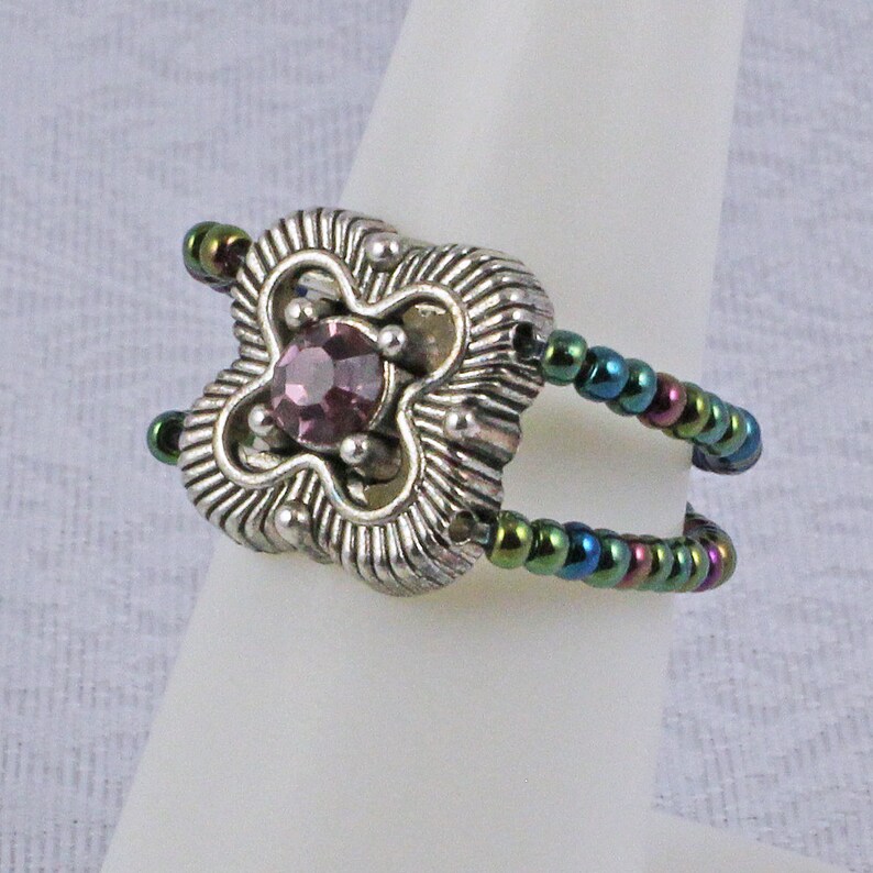 Purple Crystal Statement Stretch Ring Green and Purple Adjustable Ring Purple and Green Seed Bead Stretch Ring