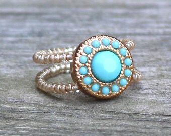 Turquoise & Gold on Pearl Seed Bead Stretch Ring