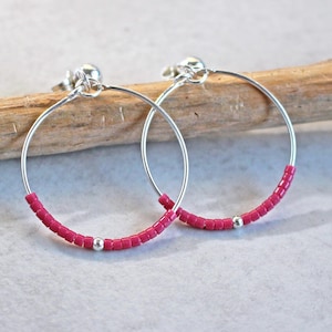 Pink & Silver Sterling Silver Beaded Hoop Earrings