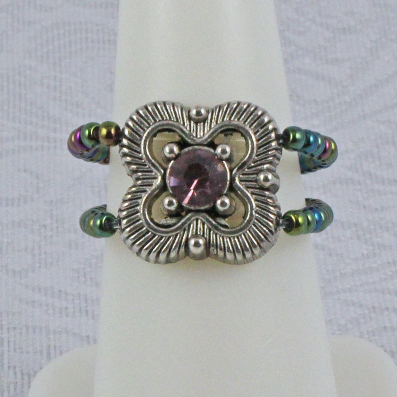 Purple Crystal Statement Stretch Ring Green and Purple Adjustable Ring Purple and Green Seed Bead Stretch Ring