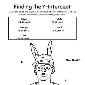 以下が含まれることがあります： 帽子と眼鏡をかけた人の白黒の線画イラスト。画像は「Bad Bunny」とラベル付けされており、画像全体に数字が書かれています。画像は塗り絵です。