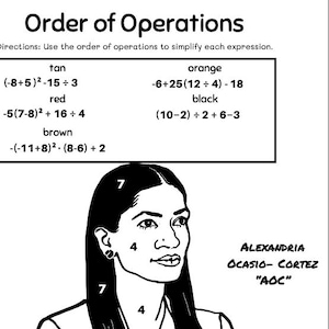 Puede incluir: Hoja de trabajo educativa en blanco y negro titulada "Orden de Operaciones". La hoja de trabajo incluye problemas matemáticos y un dibujo lineal de Alexandria Ocasio-Cortez con números. El texto incluye "La Escuelita, 2025."