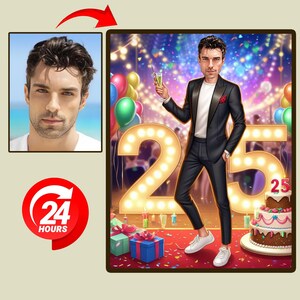 Aangepaste karikatuur 25e verjaardag | Grappig digitaal portret cadeau voor hem | Gepersonaliseerde cartoonkunstwerk voor mijlpaalverjaardag