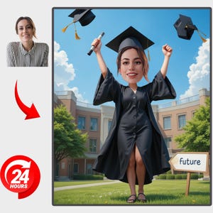 Personalized Female Graduation Cartoon Portrait, Graduation Gift, Graduation Cartoon, Graduation Caricature from Photo, Collage Student Gift