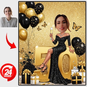 Custom 50th Birthday Caricature Portrait: Personalized Cartoon Gift (Digital Download