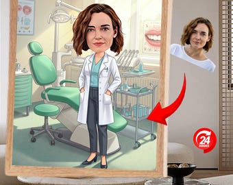 Benutzerdefinierte Zahnarzt Karikatur personalisierte weibliches Zahnkarikatur-Porträt-lustige zahnmedizinische Illustration