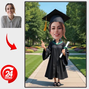 Personalisiertes weibliches Abschluss-Karikatur-Porträt, Abschlussgeschenk, Abschlusskarikatur, Abschlusskarikatur vom Foto, Collagen-Studenten-Geschenk