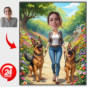 Custom Woman Caricature Walking with Dogs • Personalized Pet Portrait • Fun Gift for Dog Lovers • Digital Cartoon Drawing"