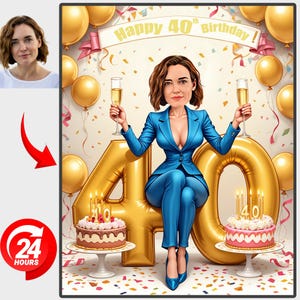 Personalized 40th Birthday Caricature: Custom Cartoon Portrait Gift