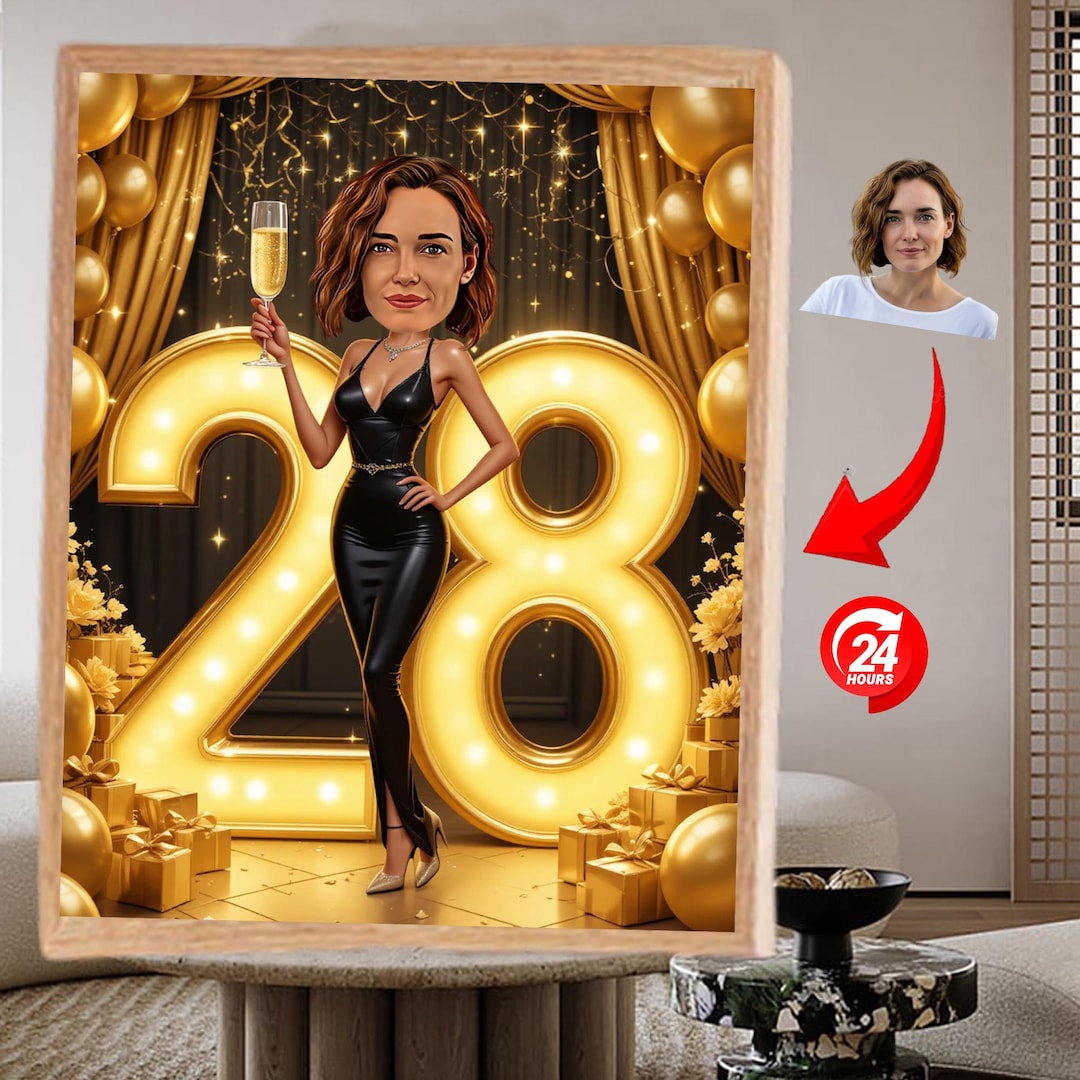 Custom 28th Birthday Cartoon Portrait Lady Caricature Portrait for 28 ...