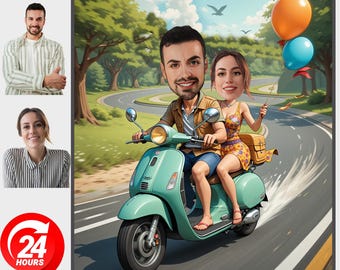 Anpassat Vespa-parkarikatyrporträtt: Lekfull skoterkonst (digital nedladdning)