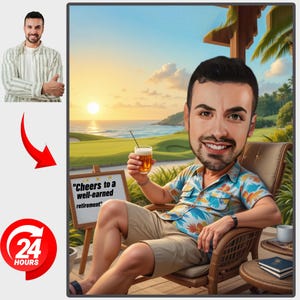 Caricatura de jubilación personalizada, regalo personalizado para jubilados, caricatura de playa a partir de una foto, regalo de despedida, caricatura de jubilado.