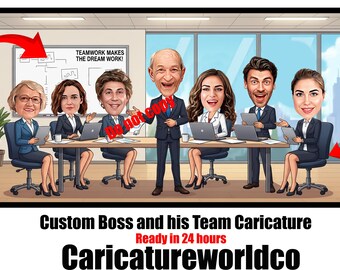Custom Team Caricature Portrait – Boss Appreciation Gift, Coworker Group Cartoon, Office Staff Illustration Present