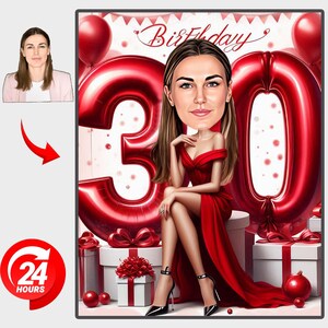 Personalisiertes 30.Karikaturporträt, kundenspezifische alles Gute zum Geburtstagkarikaturzeichnung, lustige Karikatur, Geschenk für sie, glücklicher 30., 30., 30. Geburtstag