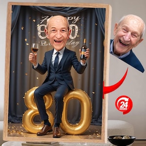 Puede incluir: Una caricatura enmarcada de un hombre celebrando su 80 cumpleaños, sosteniendo una copa de vino y una botella. Está sentado en un globo dorado con el número 80. El fondo incluye una cortina y confeti.