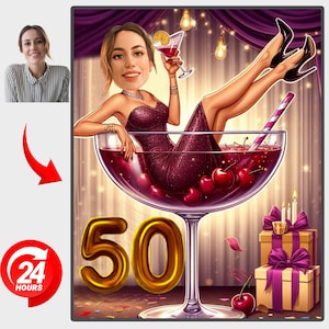 Custom 50th Cartoon female Portrait 50th Caricature  Personalize Happy Birthday Caricature Drawing 50th Birthday Cartoon Birthday Caricature