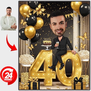 Custom 40th Birthday Caricature: Personalized Cartoon Portrait (Digital Download